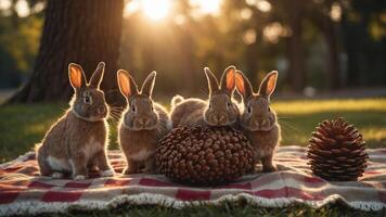 Four rabbits gathered on a blanket with a pine cone in a sunlit outdoor setting. photo