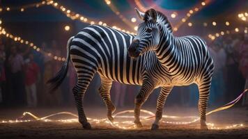 A zebra in a festive setting with lights and a crowd in the background. photo