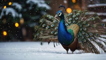 A peacock displays its colorful feathers against a snowy backdrop with soft lights in the background. photo