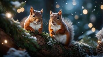 Two squirrels playfully perched on a snowy log amidst a magical winter setting. photo