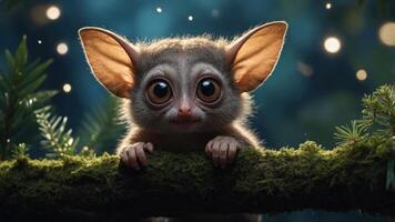 A cute, fictional creature with large eyes perched on a mossy branch in a mystical forest. photo