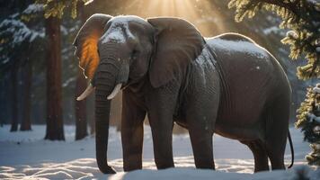 A majestic elephant stands in a snowy forest, illuminated by soft sunlight. photo
