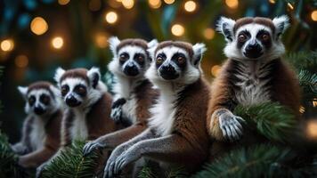 A group of lemurs sitting on branches with festive lights in the background. photo