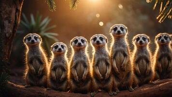 A group of meerkats standing in a line, illuminated by soft sunlight in a natural setting. photo