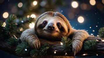 A cheerful sloth resting on a branch adorned with lights and surrounded by a festive atmosphere. photo