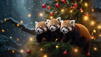 Three red pandas playfully perched on a decorated Christmas tree in a snowy forest setting. photo