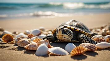 A turtle resting on a sandy beach surrounded by seashells, with waves in the background. photo
