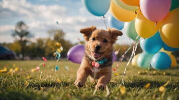A playful puppy runs through a grassy field, surrounded by colorful balloons and confetti. photo