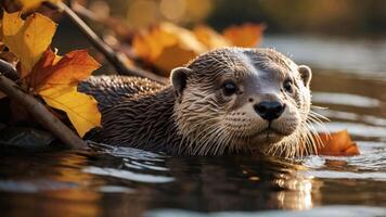 A playful otter swimming among autumn leaves in a serene water setting. photo