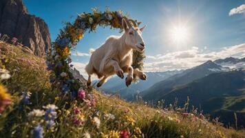 A goat leaps joyfully through a floral arch in a picturesque mountain landscape. photo