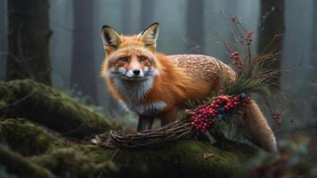 A fox stands amidst a misty forest, adorned with foliage and berries. photo