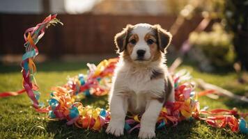 A cute puppy sits amidst colorful ribbons on a sunny lawn, evoking a festive atmosphere. photo