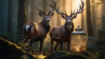 Two deer stand in a forest beside a glowing lantern, illuminated by soft sunlight. photo