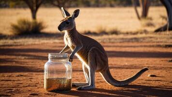 A kangaroo curiously interacts with a glass jar in a natural setting. photo