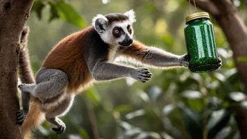 A lemur leaps towards a jar, showcasing agility and curiosity in a lush environment. photo