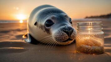 A seal curiously examines a jar of glitter on a beach at sunset. photo