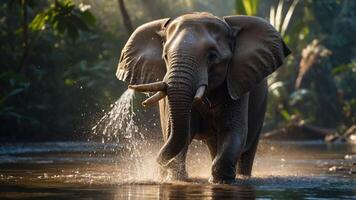 An elephant splashes water while walking through a lush, tropical environment. photo