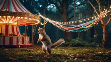 A whimsical scene featuring a squirrel near a colorful circus tent with fairy lights. photo