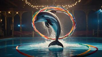 A dolphin performs a jump through colorful hoops in a pool, showcasing its agility and training. photo