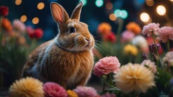 A rabbit surrounded by colorful flowers in a softly lit setting. photo