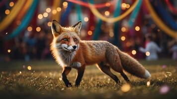 A fox stands in a vibrant festival setting, surrounded by colorful decorations and lights. photo