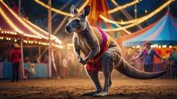 A kangaroo dressed in colorful attire performs at a lively circus event. photo