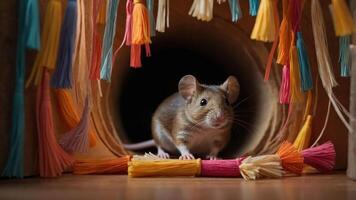 A cute mouse peeks out from a colorful decorated tunnel. photo
