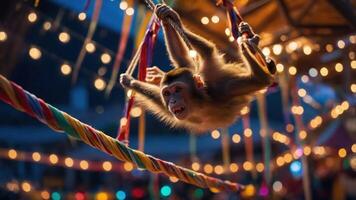 A monkey swings playfully on colorful ropes amidst festive lights at a lively fair. photo