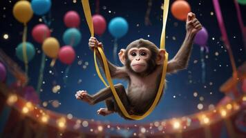 A playful monkey swings on ribbons amidst colorful balloons in a festive atmosphere. photo