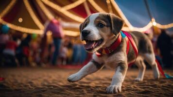 A playful puppy runs joyfully in a festive, colorful setting with people in the background. photo