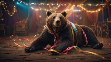 A bear adorned with colorful ribbons in a festive circus setting. photo