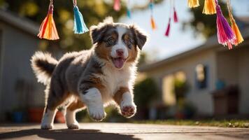 A playful puppy running joyfully under colorful tassels in a sunny outdoor setting. photo