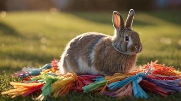 A rabbit resting on a colorful tassel blanket in a sunlit grassy area. photo