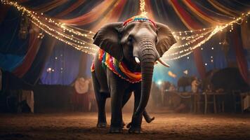 A decorated elephant stands in a circus tent, illuminated by festive lights and colors. photo