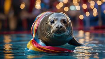 A playful seal adorned with colorful ribbons in a festive aquatic setting. photo