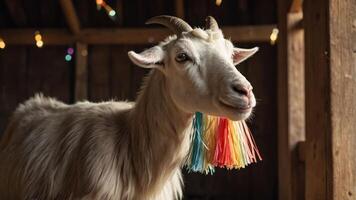 A goat adorned with colorful tassels stands in a rustic setting, illuminated by soft lights. photo