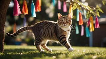A playful cat strolls under colorful tassels in a sunny garden setting. photo