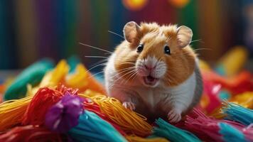 A cute hamster surrounded by colorful, playful strands, creating a vibrant scene. photo