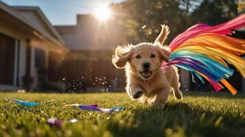 A joyful puppy running with colorful streamers in a sunlit backyard. photo