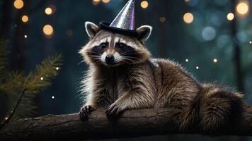 A raccoon wearing a party hat sits on a branch, surrounded by soft glowing lights. photo