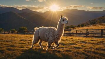 A llama running in a sunlit field with mountains in the background. photo