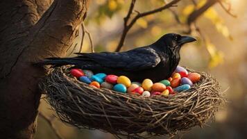 A raven sits in a nest filled with colorful eggs, blending nature and whimsy. photo