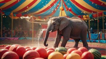 A playful elephant sprays water in a circus tent surrounded by colorful melons. photo
