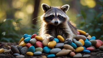 A raccoon perched on a colorful pile of stones in a natural setting. photo