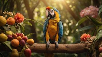 A vibrant parrot perched on a branch surrounded by colorful fruits and flowers in a lush setting. photo