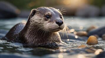 A close-up of an otter swimming in a serene river environment. photo