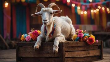 A goat adorned with flowers rests on a wooden crate in a festive, colorful setting. photo