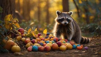 A raccoon curiously explores a colorful pile of fruits in a serene forest setting. photo