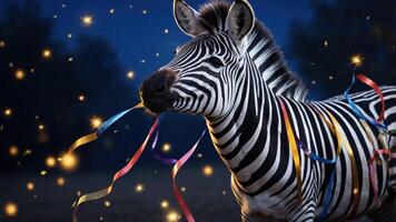A zebra adorned with colorful ribbons against a dreamy, starry background. photo