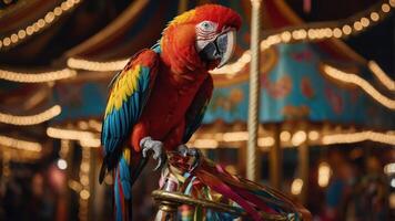A vibrant parrot perched on a colorful carousel, surrounded by festive lights. photo